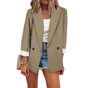 Elegant women's double-breasted khaki blazer jacket for professional commuter style.