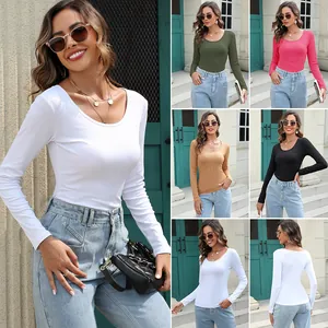 T-shirt da Donna a Costine con Scollo a U Manica Lunga Vestibilità Aderente Tinta Unita Top Basic Pullover Casual Sottogiacca Autunnale