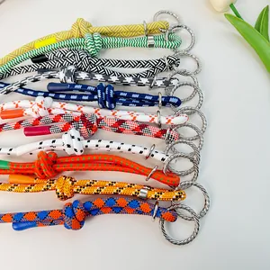 Detail van diverse kleurrijke verstelbare gevlochten nylon tassenriemen met gedraaide metalen ringen