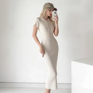 Women's Polo Neck Short Sleeve Knitted Dress Summer Ribbed Slim Fit Bodycon Maxi Dress Solid Color Cotton Blend Long Dress