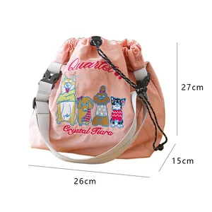 Dimensions du sac à lunch rose japonais avec cordon et broderie de chiens cartoon