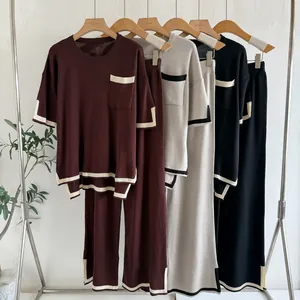 Details of casual short-sleeve knit top and wide-leg pants sets in three colors