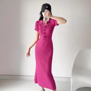 Elegant fuchsia slim fit short sleeve polo neck ribbed knit midi dress for women