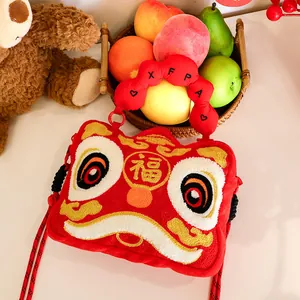 Cute plush crossbody bag with traditional Chinese lion dance embroidery design