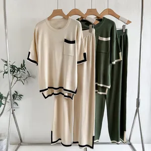 Casual women's short sleeve knitted top and pants two-piece set in beige and green colors