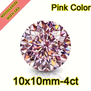 Detailed macro view of a 4ct pink round Portuguese cut moissanite gemstone, 10x10mm size