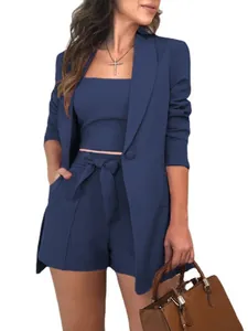 Elegant navy blue 3-piece blazer suit set with crop top and high-waisted bow shorts