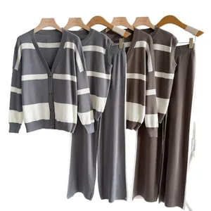 Striped three-piece knitwear set for women including cardigan, top, and wide-leg pants