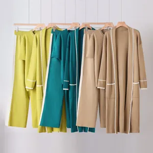 Women's 3-piece knitted set with long cardigan, top and wide-leg pants in multiple colors