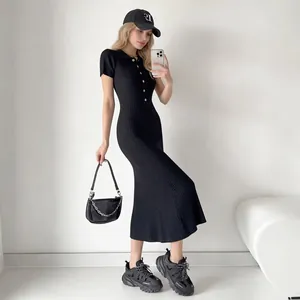 Elegant black polo collar short sleeve ribbed knit bodycon maxi dress for women slim fit
