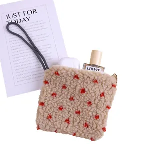 Cute beige lambswool plush mini bag with red heart pattern and grey wrist strap