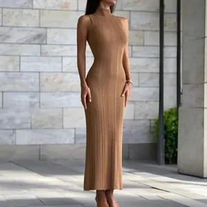 Women Elegant Ribbed Knit Maxi Dress High Neck Sleeveless And Long Sleeve Bodycon Long Dress Sexy French Style Summer Outfit