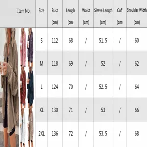 Size guide for women's casual lapel irregular shirt jacket with detailed dimensions