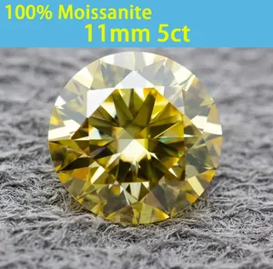 Detailed view of an 11mm 5ct yellow moissanite loose gemstone with round brilliant cut