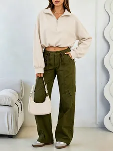 Casual beige half-zip cropped sweatshirt with adjustable drawstring waist and long sleeves