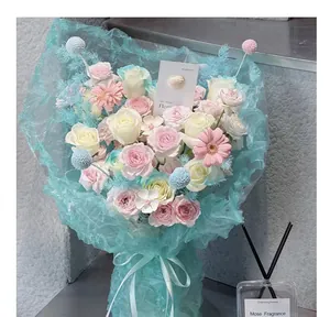 Detail of light blue dreamlike glass yarn mesh material for romantic flower bouquet wrapping