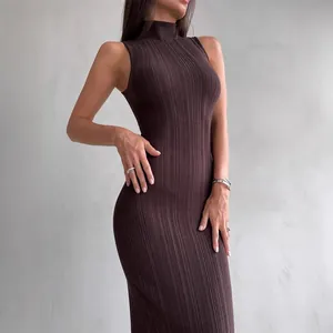 Elegant brown high neck sleeveless ribbed knit bodycon midi dress for women's fashion