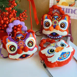 Detailed view of three festive lion dance plush crossbody bags in various colors.