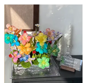 Detailed view of vibrant colorful flowers dyed with professional floral dye agent