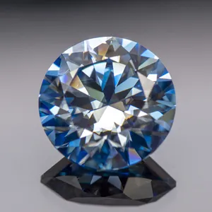 Macro view of brilliant round cut ice blue moissanite gemstone with sparkling facets