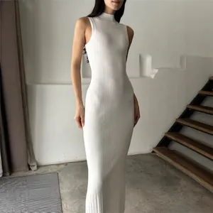Elegant white sleeveless high-neck ribbed knit midi dress for women's summer fashion