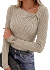 Close-up of asymmetrical neckline with twisted knot detail on khaki ribbed knit top
