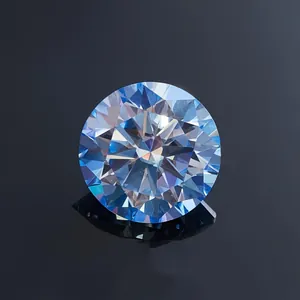 Detailed macro view of a round-cut ice blue moissanite gemstone with brilliant facets