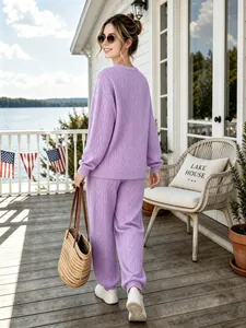 Cozy purple cable knit sweater and matching jogger pants lounge set for women's casual wear