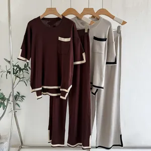 Women Knit Two-Piece Set Polyester Contrasting Trim Round Neck Short Sleeve Top And Wide Leg Pants Casual Elegant Loungewear