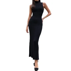 Elegant black sleeveless knit maxi dress with a sophisticated high-neck design.