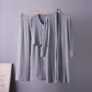 Grey ribbed knit 3-piece set featuring a long cardigan, button vest, and wide-leg pants