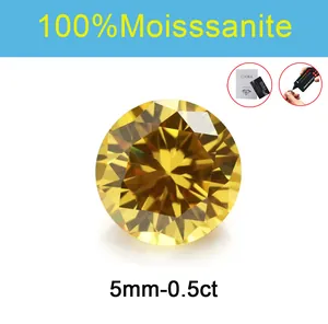 Detailed view of a brilliant 5mm 0.5ct yellow round-cut moissanite loose gemstone