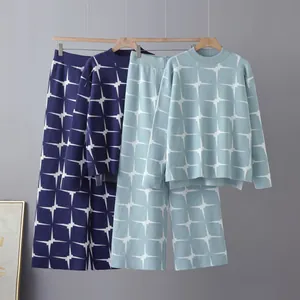 Autumn knitted two-piece set with jacquard pattern in blue and navy color options