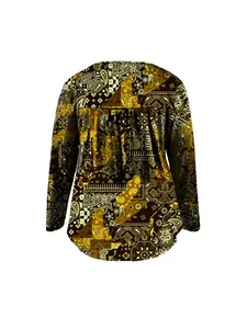 Back view of women's long sleeve blouse with brown paisley bandana print pattern