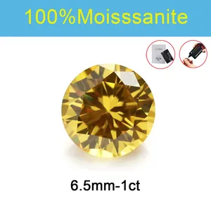 Macro view of 1ct 6.5mm round yellow Moissanite loose gemstone with GRA cert