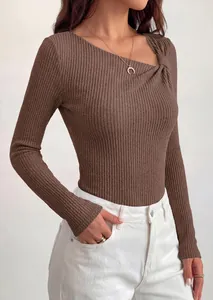 Brown slim-fit ribbed long sleeve top with an asymmetrical twisted neckline detail.