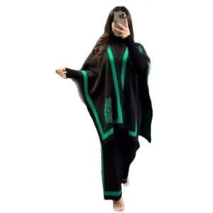 Damen Strick-Set 3-teilig Poncho und weite Hose in Schwarz und Grün für lässigen Look