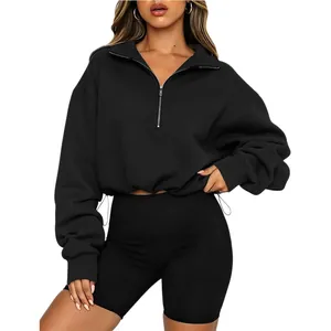 Trendy black half-zip cropped sweatshirt with adjustable drawstring waist for women
