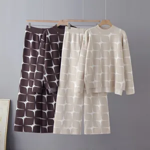 Elegant two-piece knit set featuring a geometric star pattern in brown and beige
