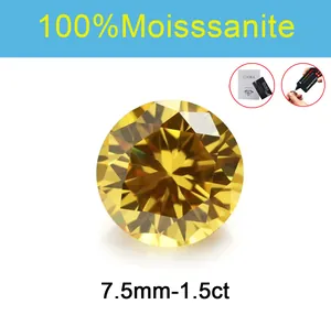 Close-up of a 1.5ct round cut yellow moissanite gemstone with GRA certificate
