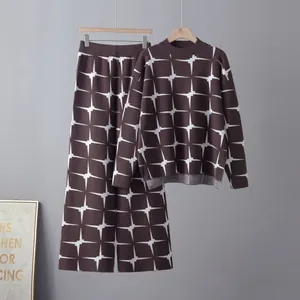 Women's jacquard knit two-piece set featuring round neck sweater and wide-leg pants
