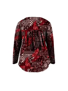 Back view of bohemian red paisley patchwork long sleeve blouse with pleated detail