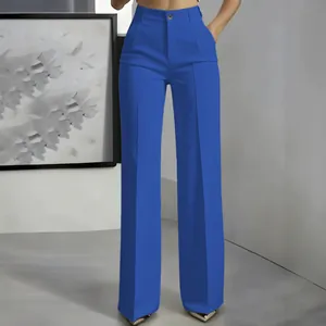 Elegant high-waist royal blue straight-leg dress pants for professional office wear