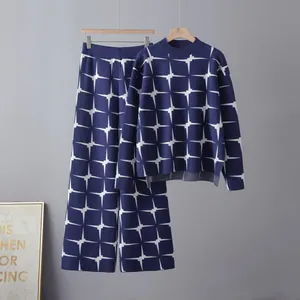 Women Top And Bottom Jacquard Core Spun Yarn Knit Round Neck Sweater Wide Leg Pants Fashion Commuter Autumn Winter Clothing