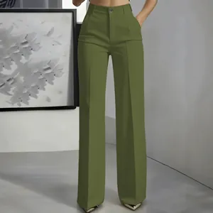Elegant high-waisted olive green straight-leg office trousers for professional women