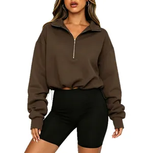 Women's brown half-zip cropped sweatshirt with adjustable drawstring waist and long sleeves