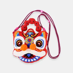 Cute Chinese lion dance plush crossbody bag with vibrant embroidered details