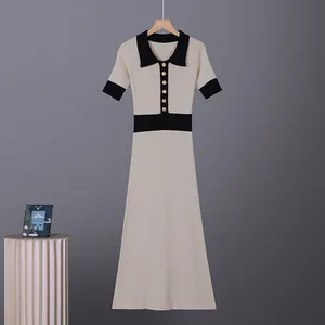 Vintage French style contrast polo collar knit dress with short sleeves and slim fit
