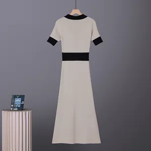 French retro short sleeve knitted dress with contrast polo collar and slimming waist design