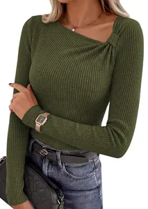 Detail shot of the olive green ribbed knit top with a unique knot shoulder design.
